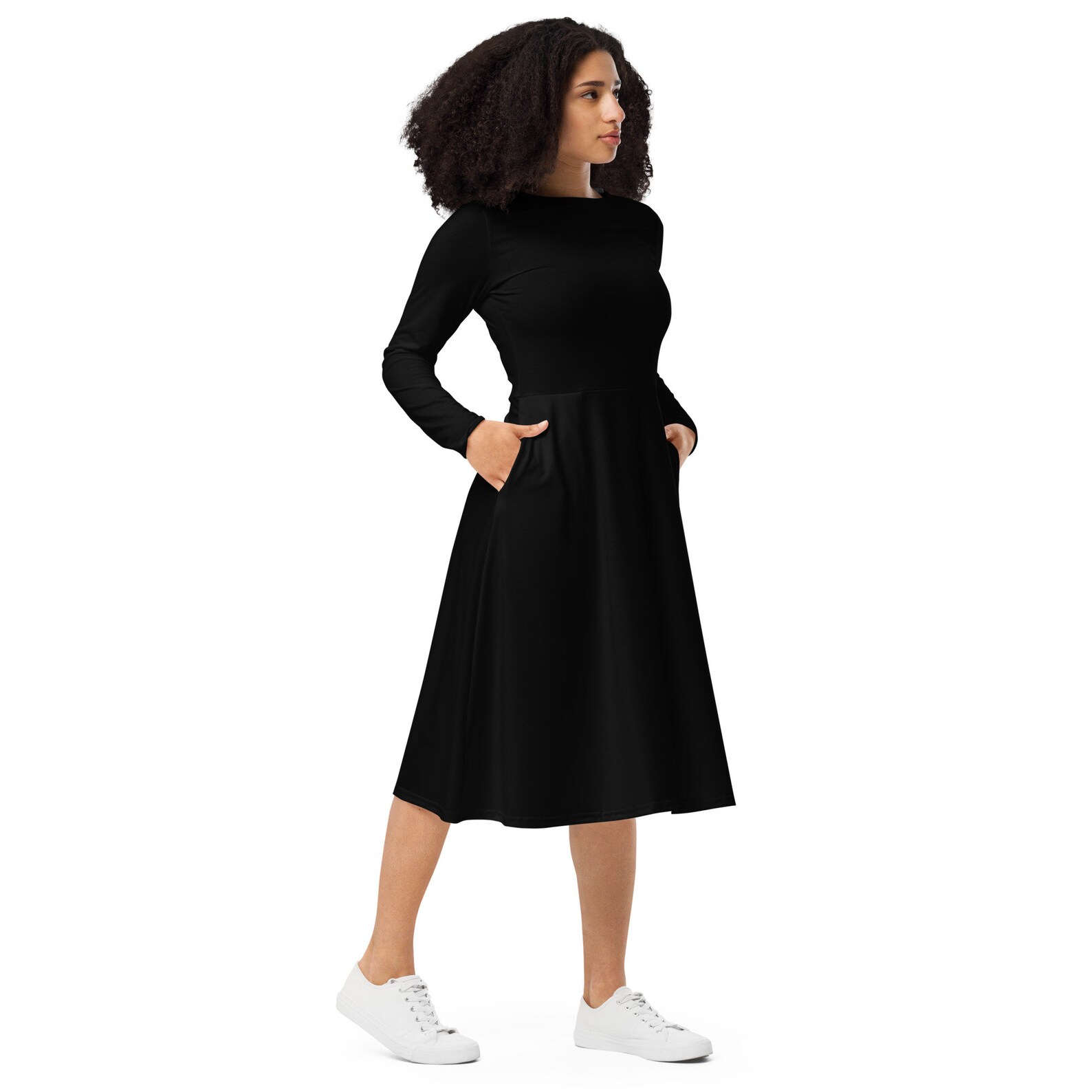 Black Long Sleeve Midi Dress With Pockets / up to 6XL - Etsy