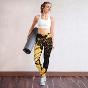 Painted Gold Abstract /Yoga Leggings / Black High Waisted Leggings