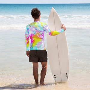 Neon Tie Dye Marble Men's Rash Guard / Surfing Swimwear / Men's Long Sleeve Activewear image 3