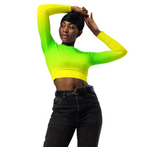 Neon Lime Green & Yellow Recycled Long-Sleeve Crop Top / Eco Athleticwear /Up To 6XL