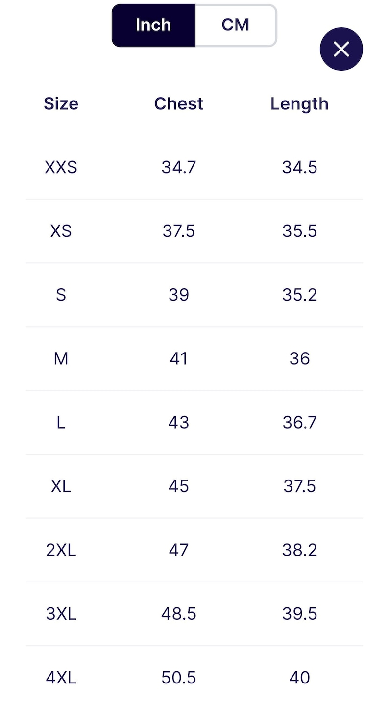 May include: Size chart showing chest and length measurements in inches for sizes XXS to 4XL.