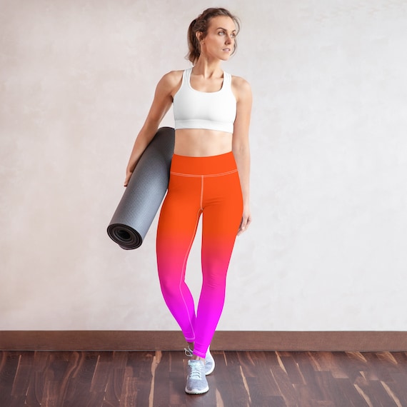 Neon Orange & Pink Yoga Leggings / High Waisted Neon Ombre Leggings 