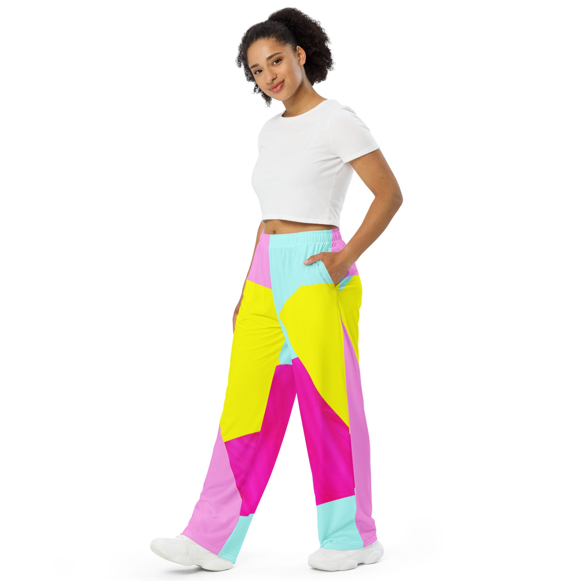 【DELIGHT J】I♥Seolo Color Block Camo Wide Pants★ Neon Pastel Color - Blocking Unisex Wide-leg Pants