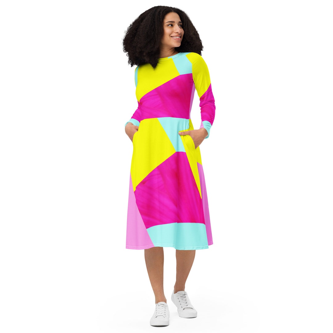 Neon Pastel Color Blocking Long Sleeve Midi Dress up to 6XL Etsy Canada