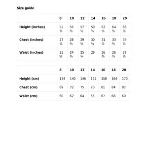May include: Size guide chart for clothing with measurements in inches and centimeters. The chart shows sizes 8 through 20 with corresponding height, chest, and waist measurements.
