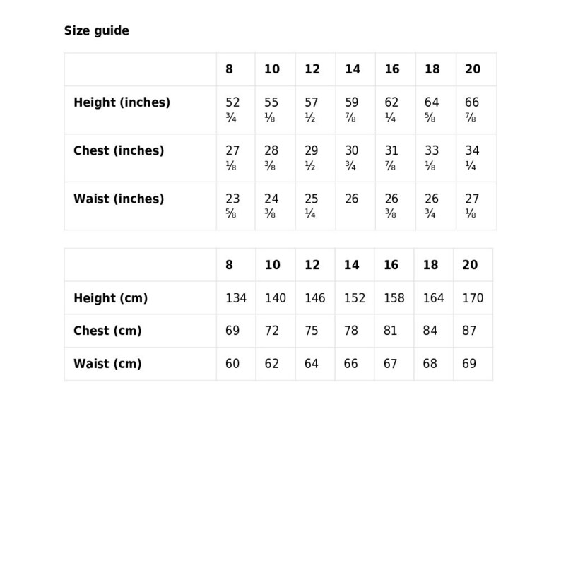 May include: Size guide chart for clothing with measurements in inches and centimeters. The chart shows sizes 8 through 20 with corresponding height, chest, and waist measurements.