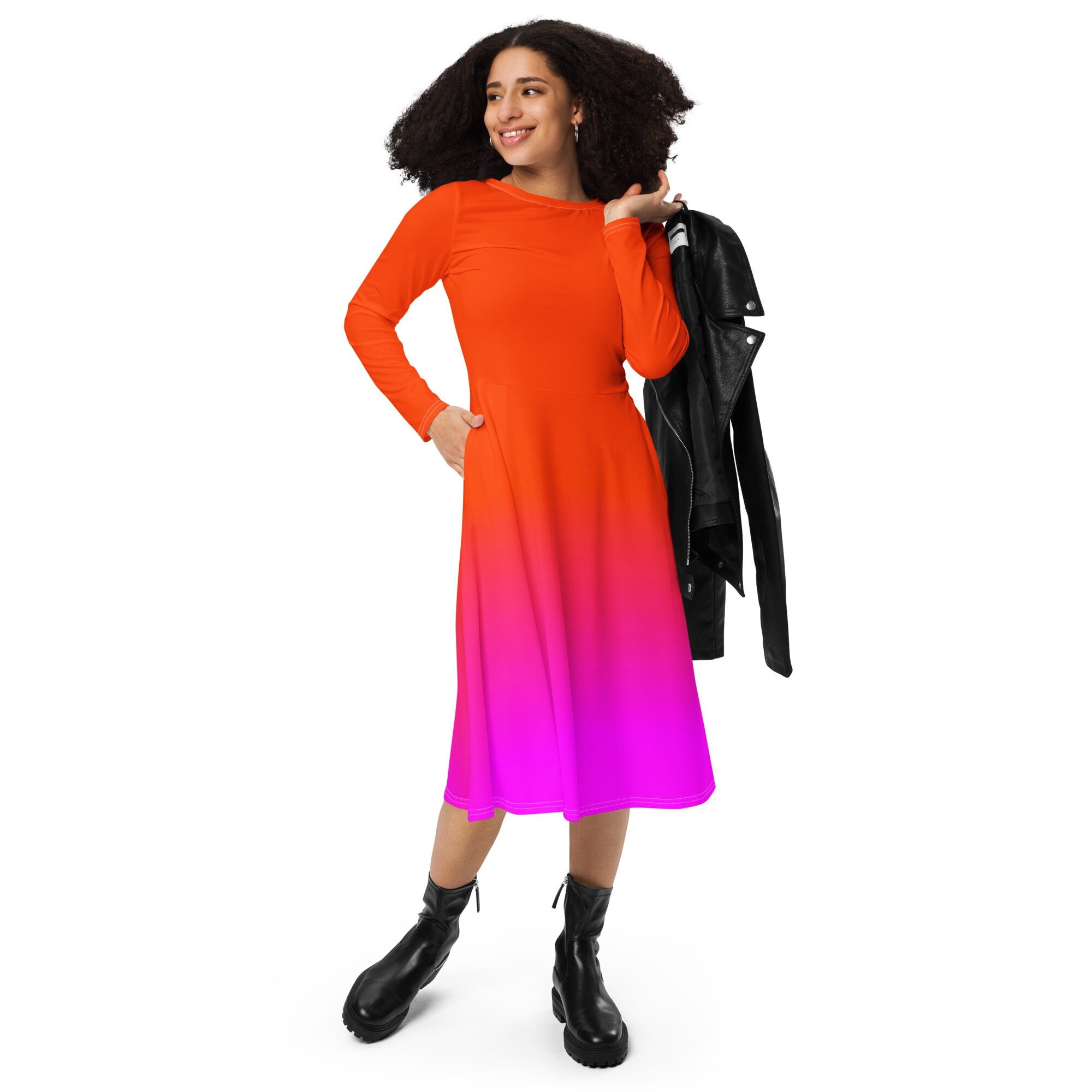 Neon Orange & Pink Long Sleeve Midi Dress / Up to 6XL