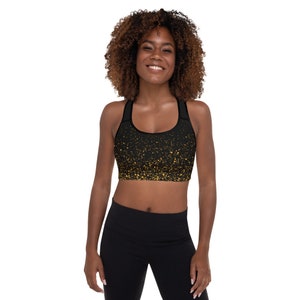 Black with Gold  / Padded Sports Bra / Black Sports Bra