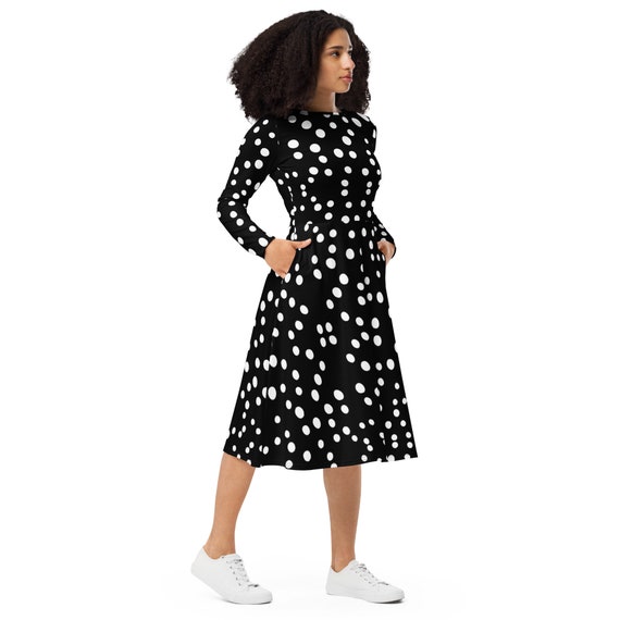 Black Polka Dots Long Sleeve Midi Dress / up to 6XL - Etsy