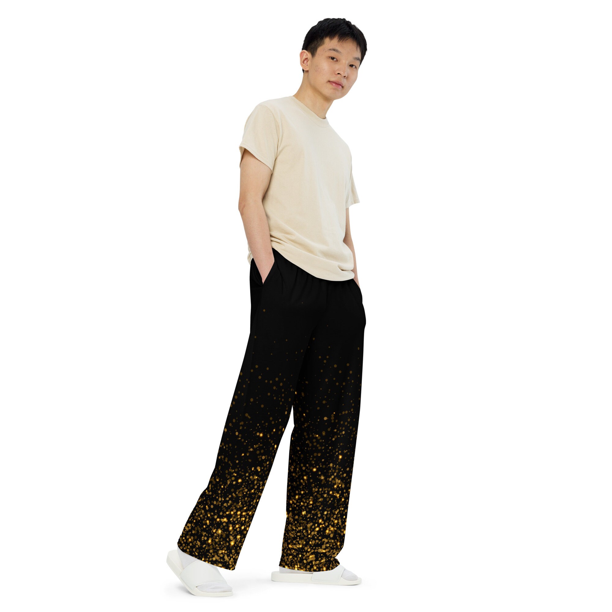 Black Sprinkled Gold Glitter Unisex Wide-Leg Pants / Palazzo Black Gold Pants / Up to 6XL
