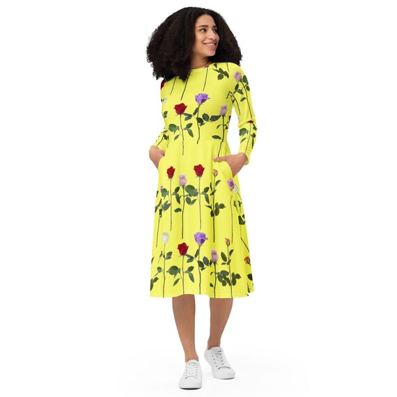 Roses & Sun Yellow Long Sleeve Midi Dress/ Up to 6XL