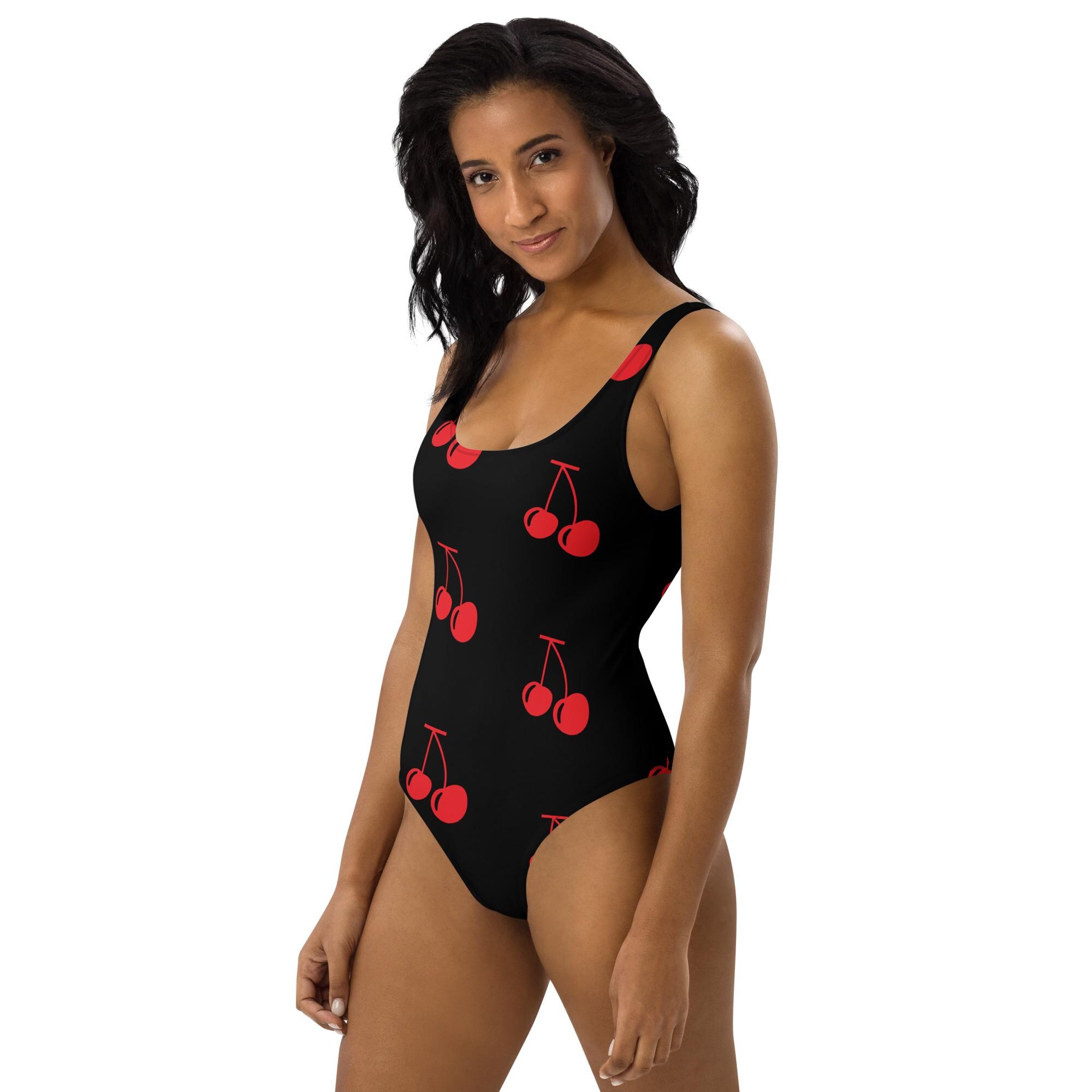 Red Cherries ECO One Piece Swimsuit / Black Swimsuit Recycled