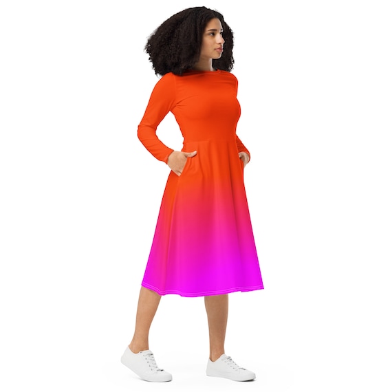 Neon Orange & Pink Long Sleeve Midi Dress / up to 6XL - Etsy Israel