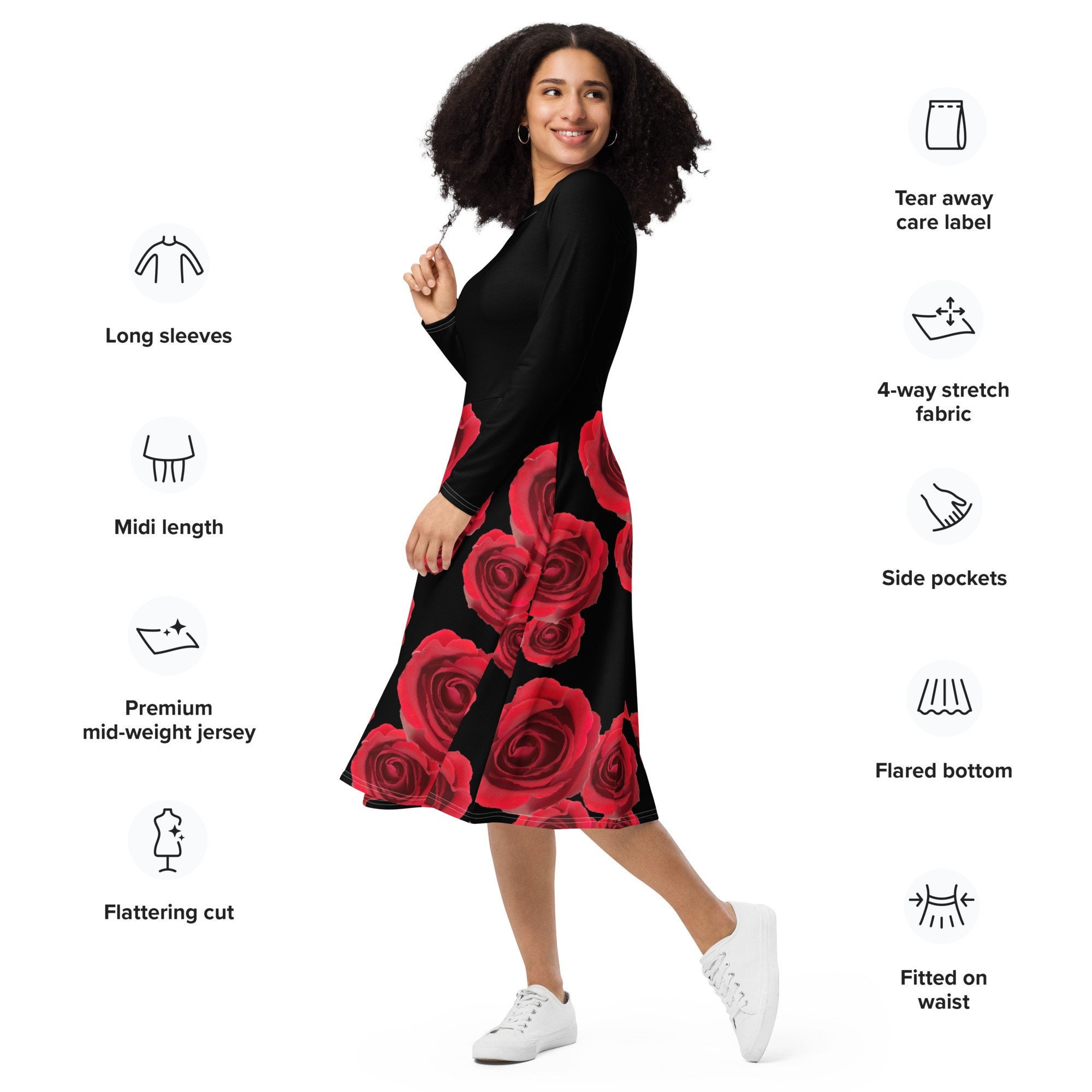 Order Roses Dress Roses Are Red Long Sleeve Midi Dress / up to 6XL - Etsy