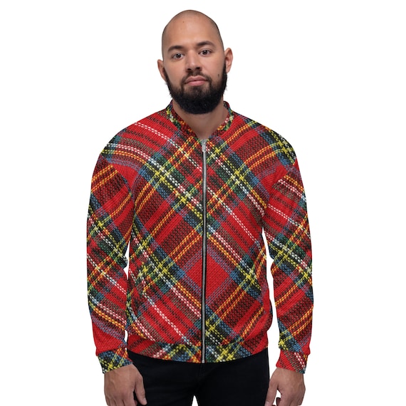 Red plaid bomber jacket discount