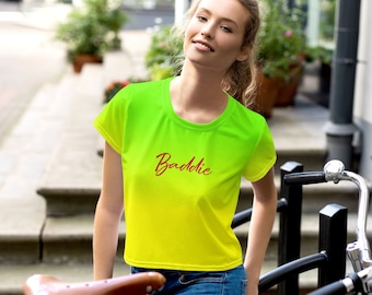 BADDIE Neon Lime Green & Yellow Crop Top Tee