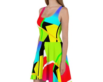 Neon Geometric Print Multicolor Skater Dress