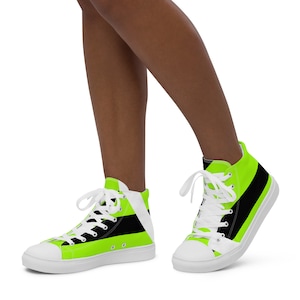 Neon Lime Green Color Blocking Women’s High Top Canvas Shoes