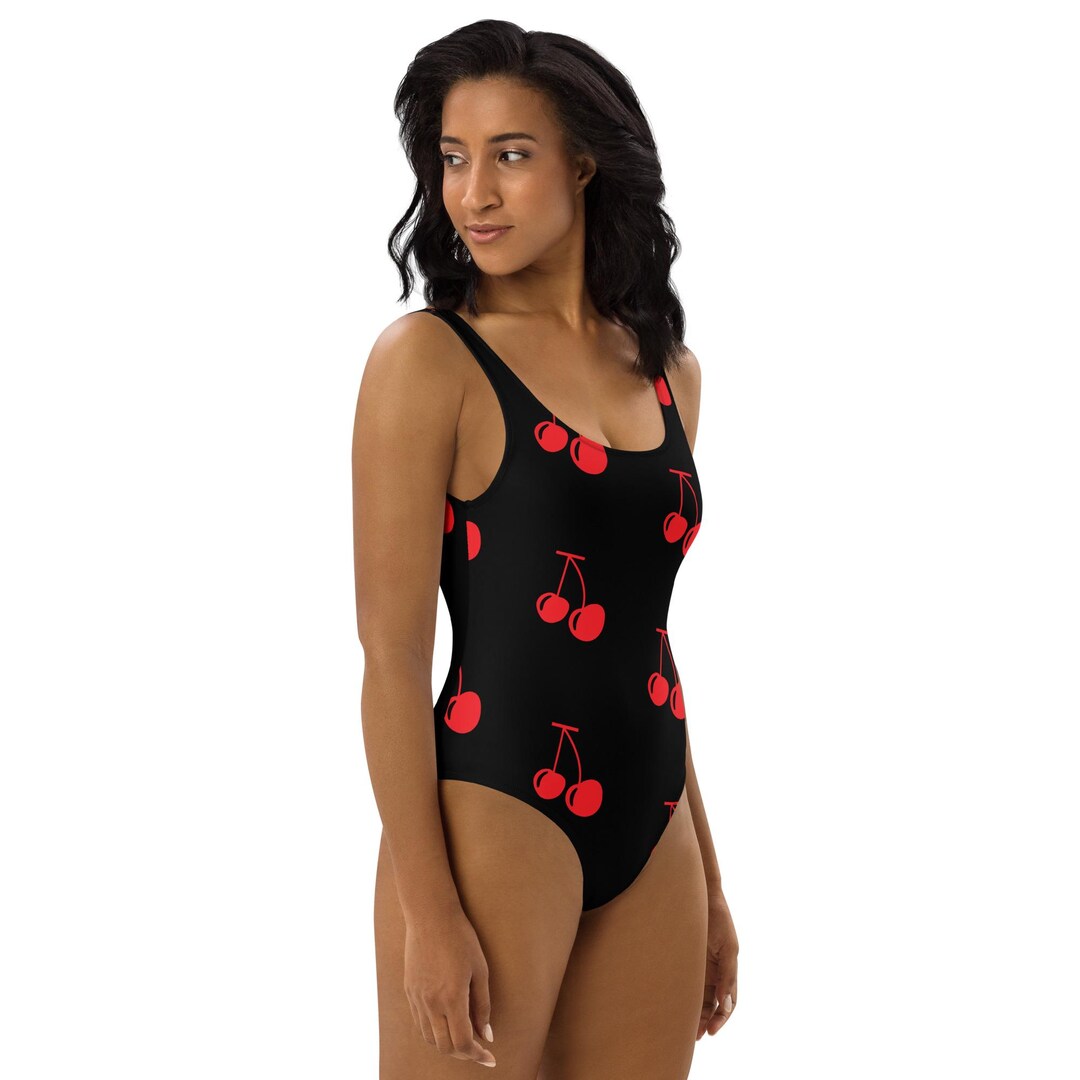 Red Cherries ECO One Piece Swimsuit / Black Swimsuit Recycled