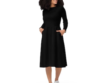 Black Long Sleeve Midi Dress with Pockets  / Up To 6XL