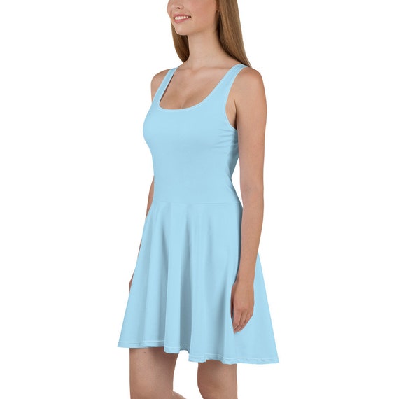 bright blue skater dress Bright Blue Skater Dress with Yellow Leaves – Floral Print Art