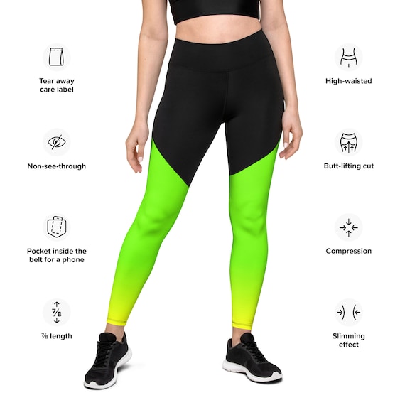 Neon Lime Green & Black Compression Sports Leggings / Butt Lifting