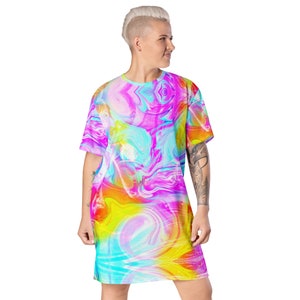 Neon Tie Dye Marble T-shirt Dress / 2XS - 6XL