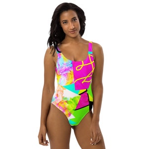 Neon Mish Mash One-Piece Swimsuit / Festival Fashion / Neon Leotard / Abstract Bodysuit