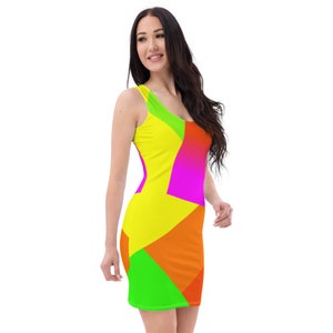 Neon Geometric Tank Dress / Fitted Dress / Bodycon