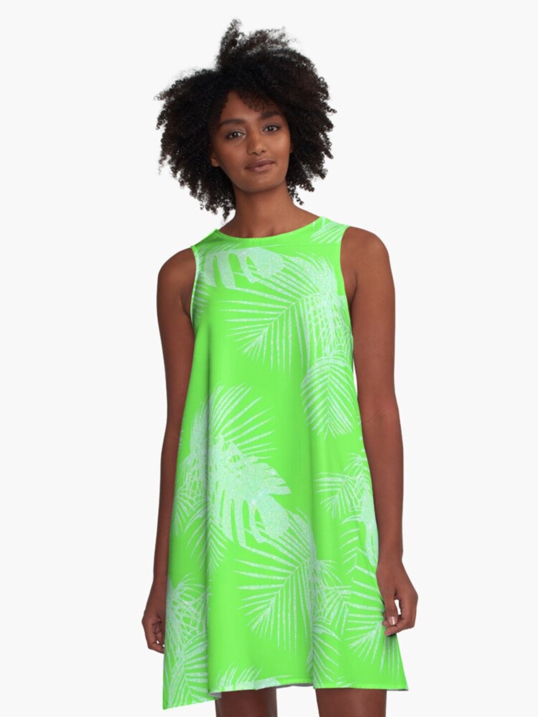 Neon Lime Green Palm Leaves A-line Dress / Trapeze Dress /Up To 4XL