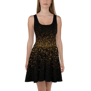 Sprinkled Gold Glitter Black Skater Dress / Party Dress