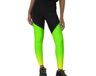 Neon Lime Green & Black Compression Sports Leggings / Butt Lifting Slimming Leggings