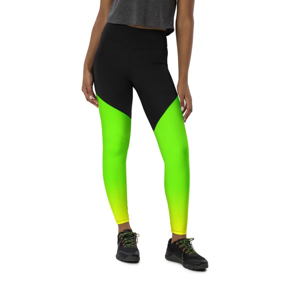 Neon Lime Green & Black Compression Sports Leggings / Butt Lifting