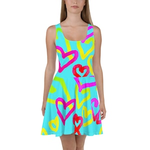 Neon Abstract Hearts Skater Dress / Turquoise Sleeveless Dress