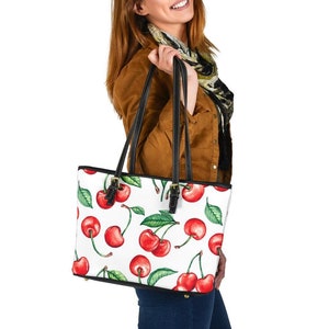 Cherry Handbag Leather Tote Bag Double-Sided Print for Her