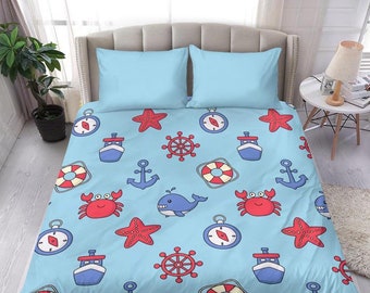 Nautical Duvet Cover and pillow Covers  - Nautical Bedding Set - Nautical Bed Cover