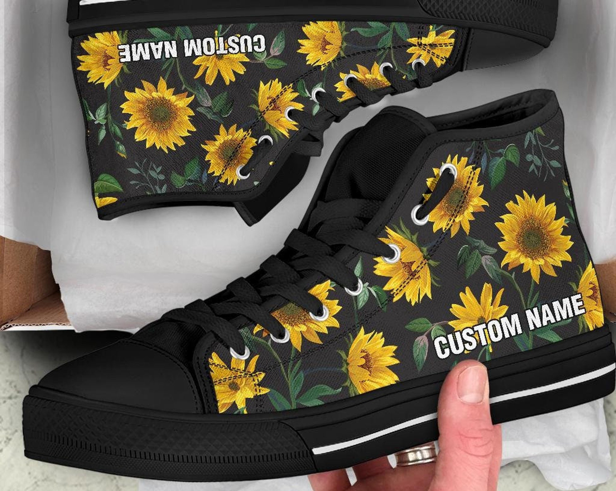 Sunflowers Custom Name High Top Shoes / Sunflower Custom Print Shoes / Sunflower Sneakers