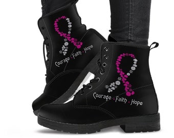 Breast Cancer Leather Boots, Handcrafted Custom Print, Men's Women's Winter Boots