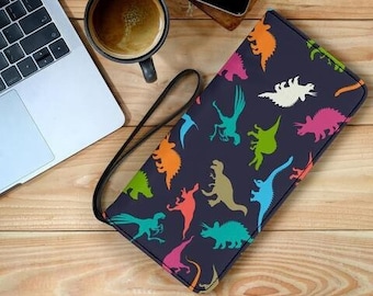 Dinosaur Women's Clutch Purse Wallet Wristlet / Zipper Wallet Clutch Handbag / Dinosaur Small Leather Purse / Dinosaur Custom Print Wallet