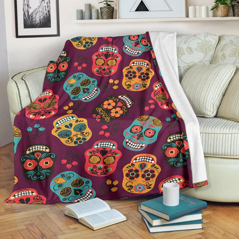 Sugar Skull Skeleton Girly Floral Pattern Print Hooded Blanket