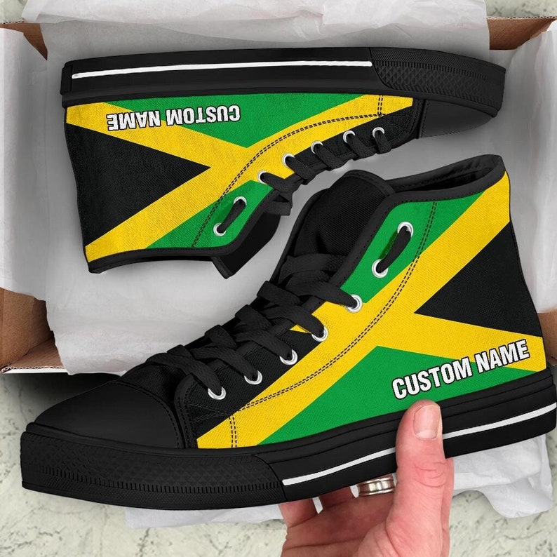 Jamaican Flag Custom Name High Top Shoes / Jamaica Custom Print Shoes / Jamaica Sneakers / Jamaica Gift image 1