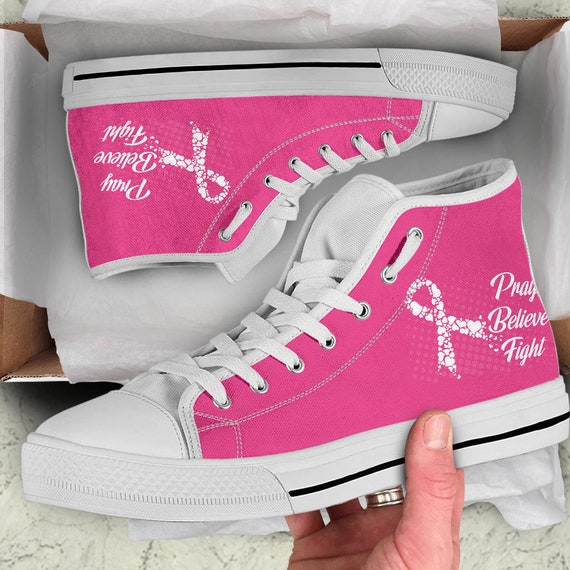 Breast Cancer High Top Shoes Pray Believe Fight Custom Print Shoes Breast Cancer High Top Sneakers Breast Cancer Gift Etsy UK