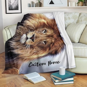 Custom Name Lion Blanket: Plush Fleece Throw, Lion Lover Gift