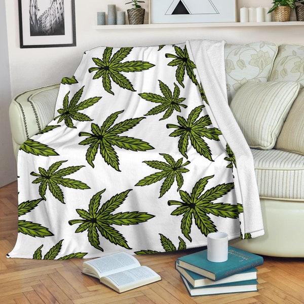 Marijuana Blanket / Cannabis print blanket / Plant print blanket / Grass blanket / Cosy blanket / Fleece blanket / White blanket