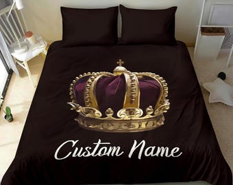 Capa de edredão e fronhas com nome personalizado Crown – Conjunto de cama Crown Queen – Capa de cama Crown King