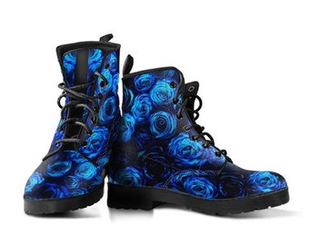 Blue Roses Leather Boots, Handcrafted Custom Print, Men's Women's Winter Boots