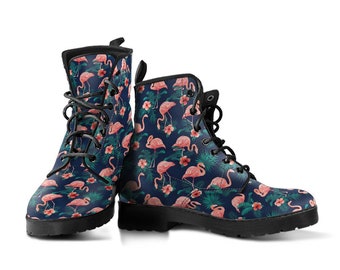 Flamingos Leather Boots, Handcrafted Custom Print, Men's Women's Winter Boots