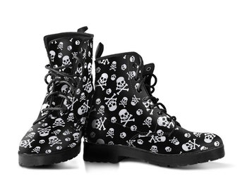 Skulls Leather Boots, Handcrafted Custom Print, Men's Women's Winter Boots