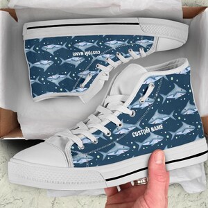 Shark Custom Name High Top Sneakers / Shark High Top Shoes / Shark Custom Print Trainers Shoes / Shark Lover Gift