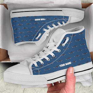 Tiger Shark Custom Name High Top Sneakers / Shark High Top Shoes / Shark Custom Print Trainers / Shark Lover Gift